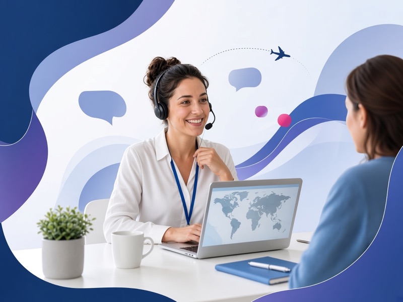 Travel expert with a headset helping a customer