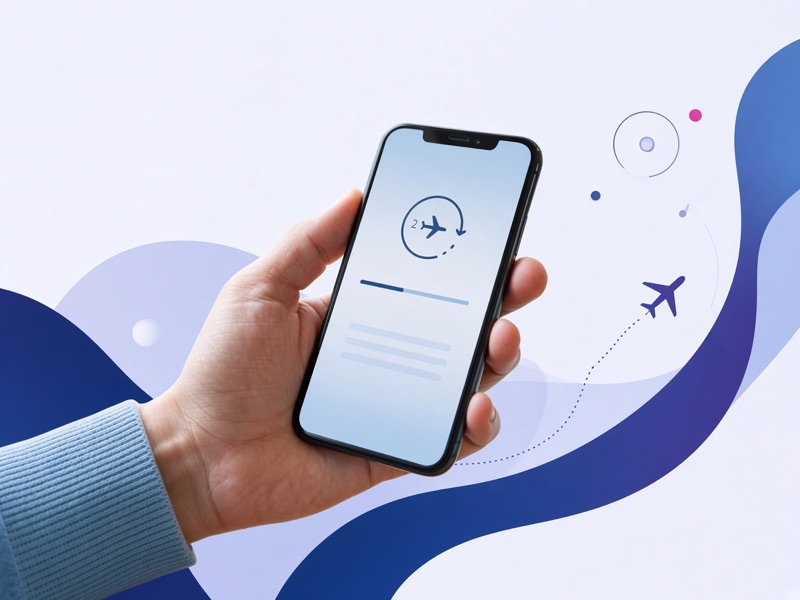 Phone showing a flight on hold beside a passport and boarding pass
