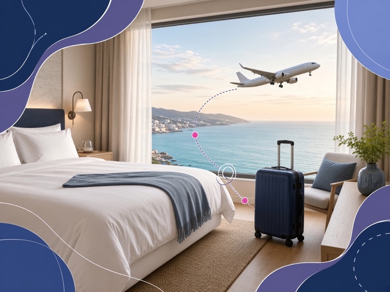 Hotel room with a suitcase and a plane flying past the window