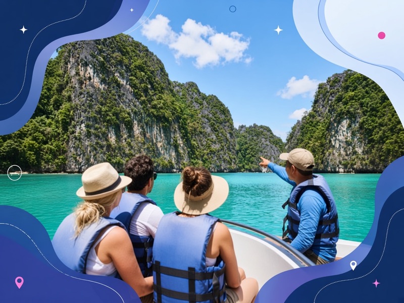 Travellers on a guided boat tour of a turquoise lagoon